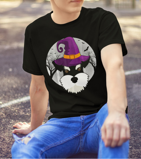 Schnauzer Witch Halloween Dog Love With Purple Hat And Bats T-Shirt
