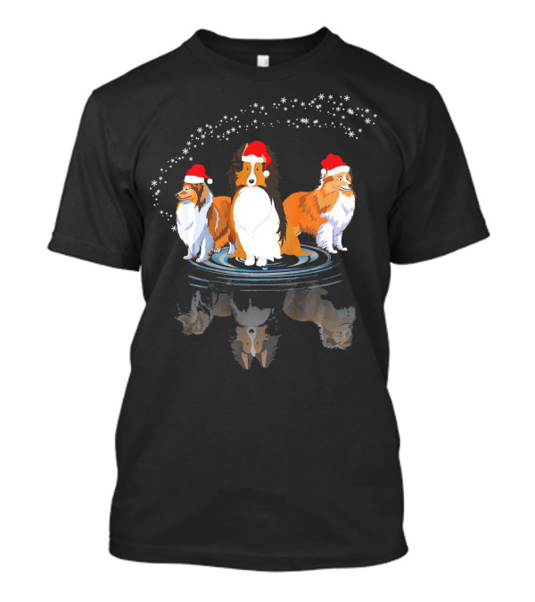 Three Sheltie Dogs In Santa Hats With Snowflakes Noel Costume T-Shirt