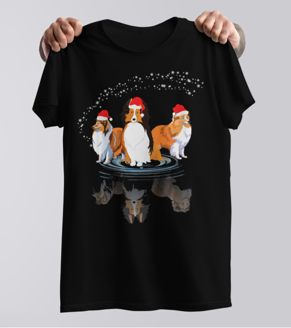 Three Sheltie Dogs In Santa Hats With Snowflakes Noel Costume T-Shirt