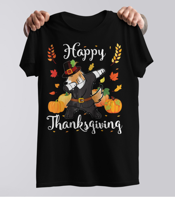 Happy Thanksgiving Sheltie Pilgrim Dabbing With Pumpkins And Autumn Leaves T-Shirt