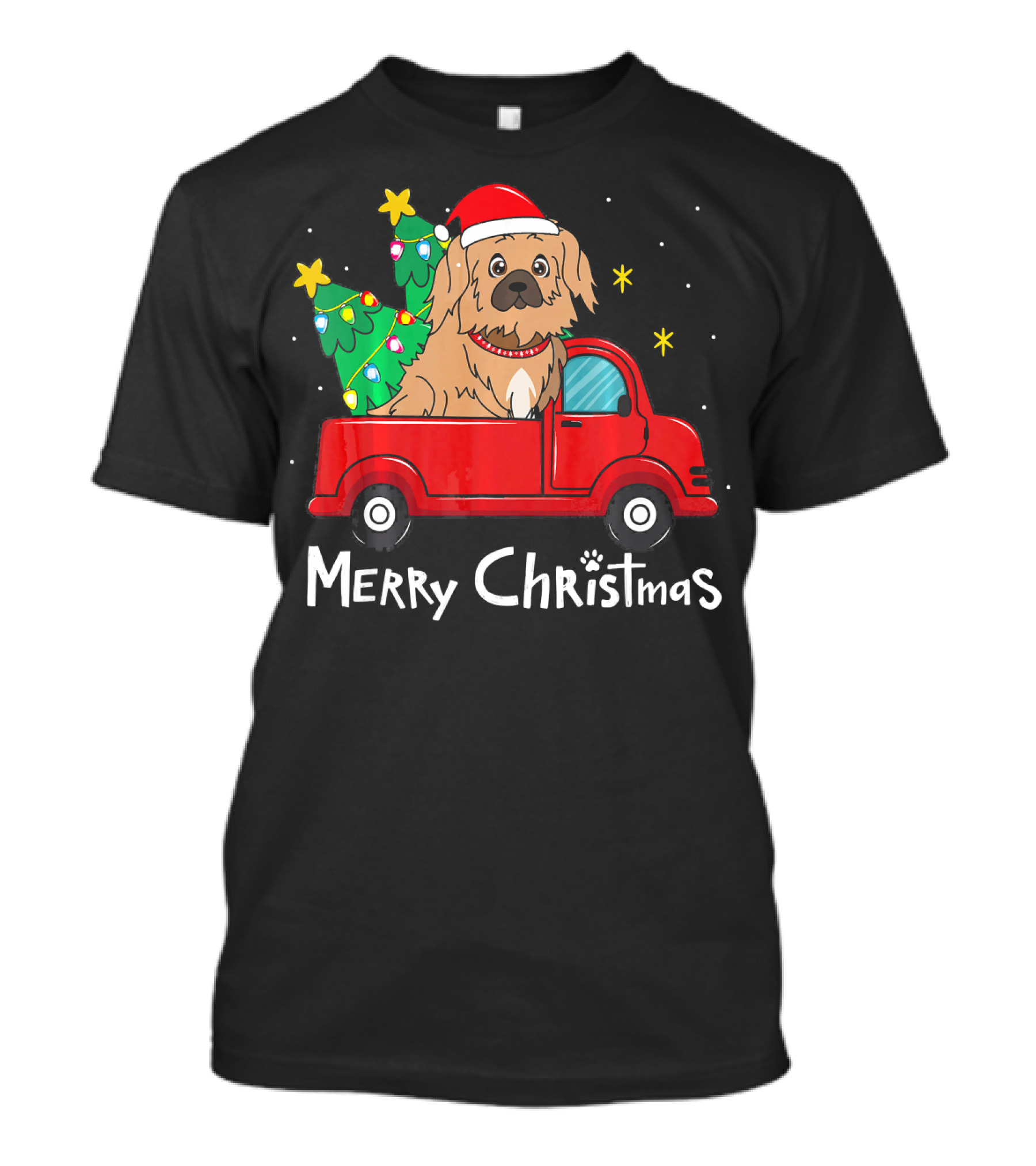 Merry Christmas Pekingese In Red Truck With Tree T-Shirt