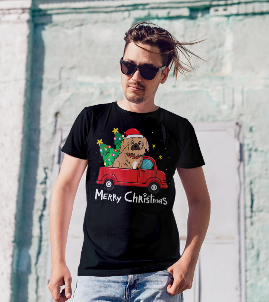 Merry Christmas Pekingese In Red Truck With Tree T-Shirt