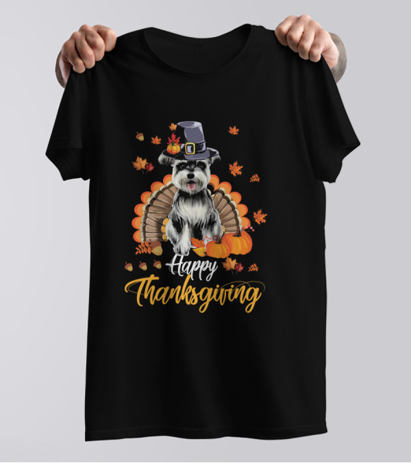 Schnauzer Thanksgiving Pilgrim Hat Turkey Autumn Leaves Pumpkins T-Shirt