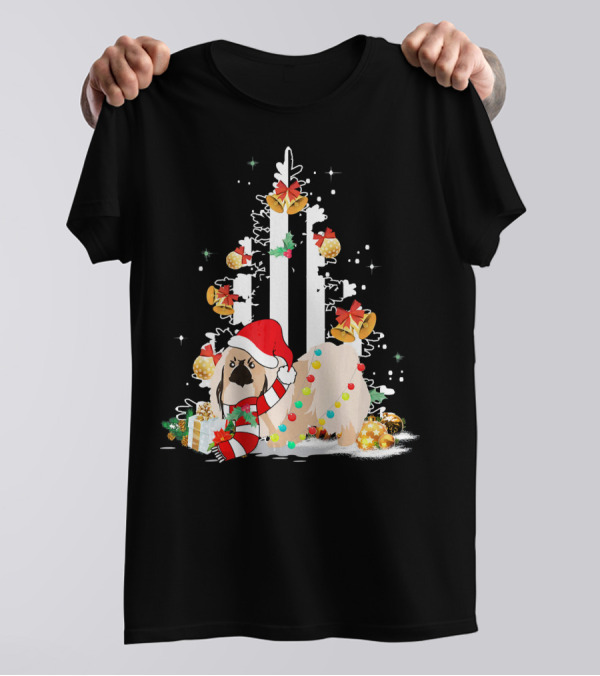 Pekingese With Santa Hat And Christmas Gifts Beside Festive Tree T-Shirt