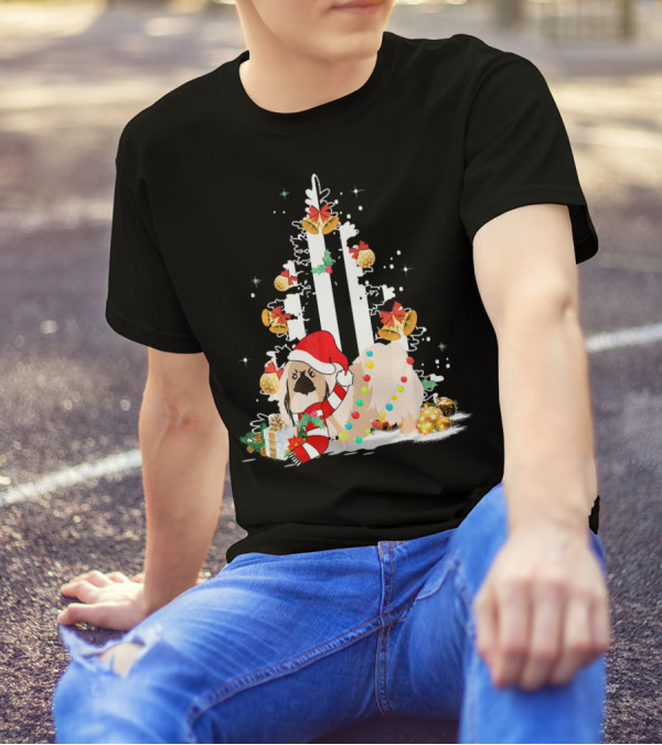 Pekingese With Santa Hat And Christmas Gifts Beside Festive Tree T-Shirt
