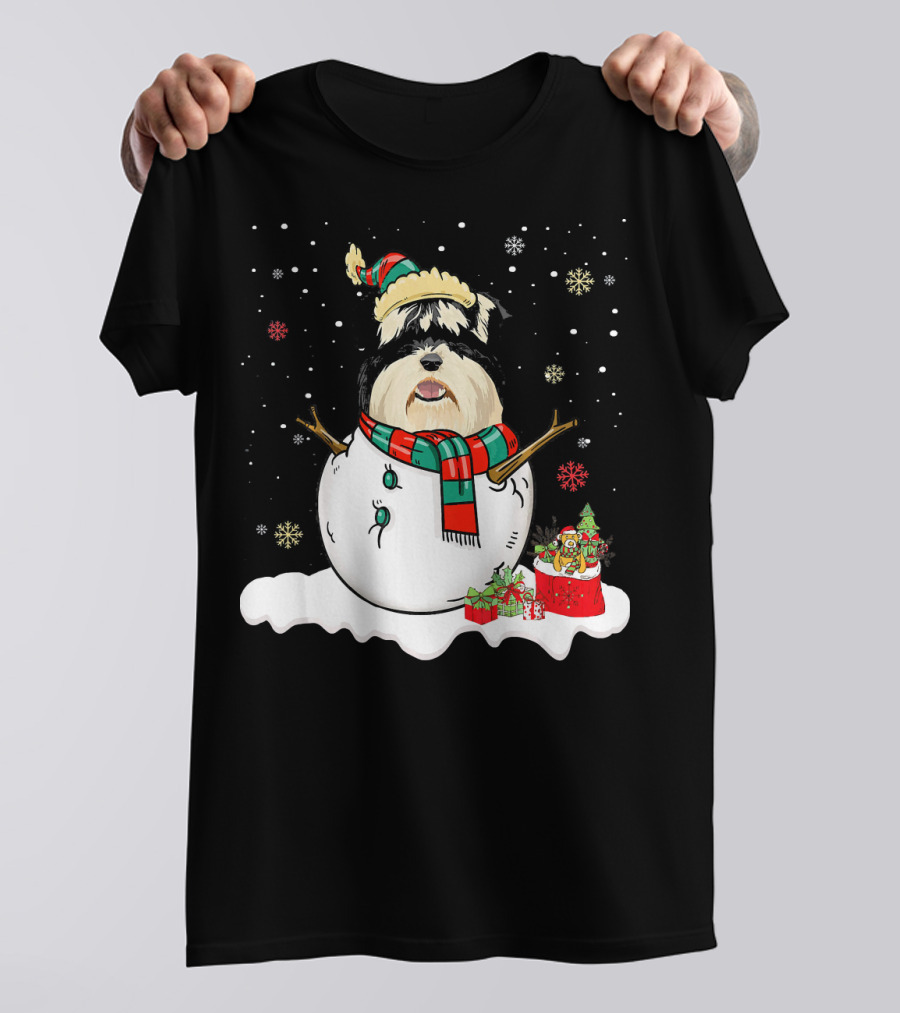 Miniature Schnauzer Lover Merry Christmas Snowman Holiday Scene T-Shirt