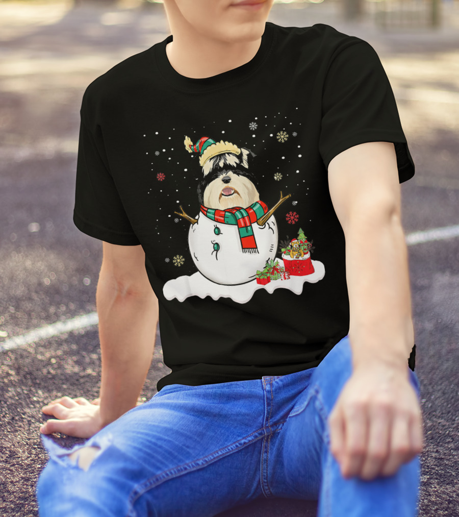 Miniature Schnauzer Lover Merry Christmas Snowman Holiday Scene T-Shirt