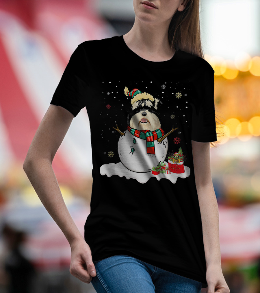 Miniature Schnauzer Lover Merry Christmas Snowman Holiday Scene T-Shirt