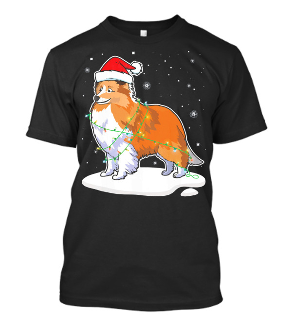 Sheltie Dog Santa Wrapped In Christmas Lights On Snowy Night T-Shirt
