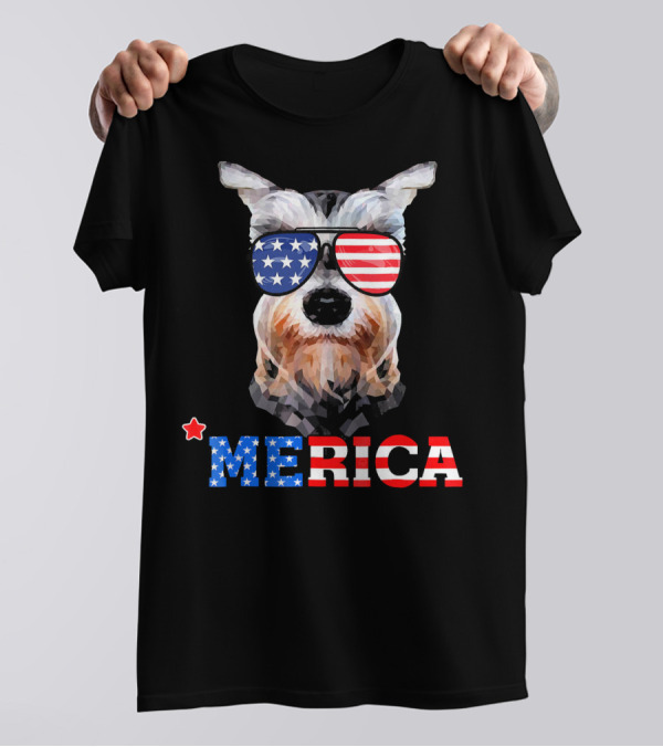 MERICA Funny Miniature Schnauzer With American Flag Sunglasses T-Shirt