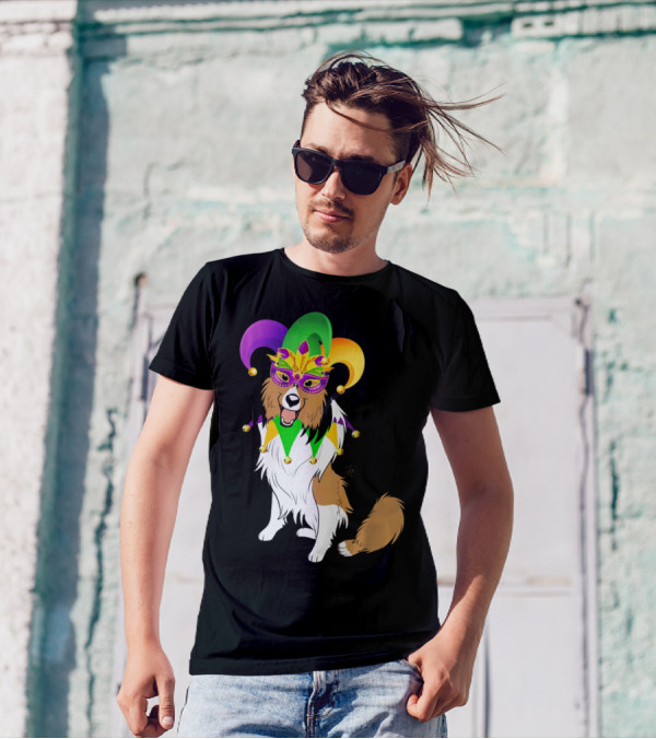 Shetland Sheepdog Wearing Mardi Gras Jester Mask And Hat T-Shirt