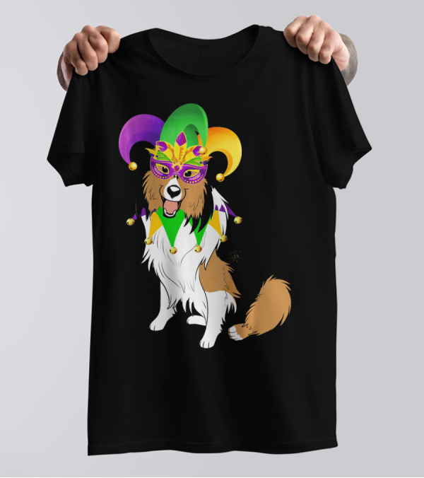 Shetland Sheepdog Wearing Mardi Gras Jester Mask And Hat T-Shirt