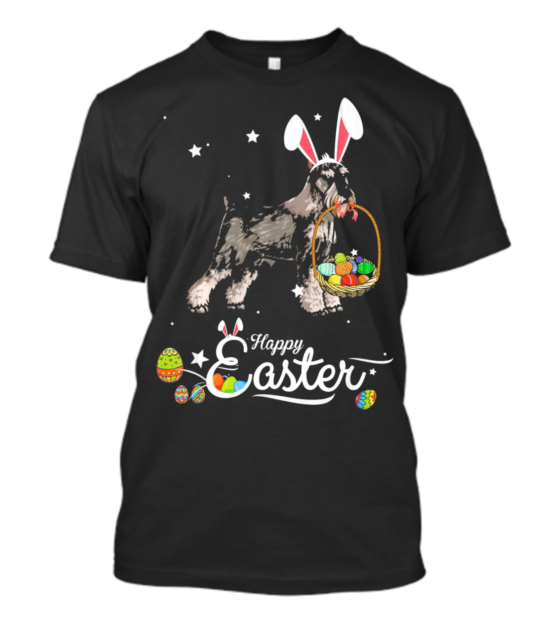 Happy Easter Standard Schnauzer Dog With Bunny Hat Eggs Basket T-Shirt
