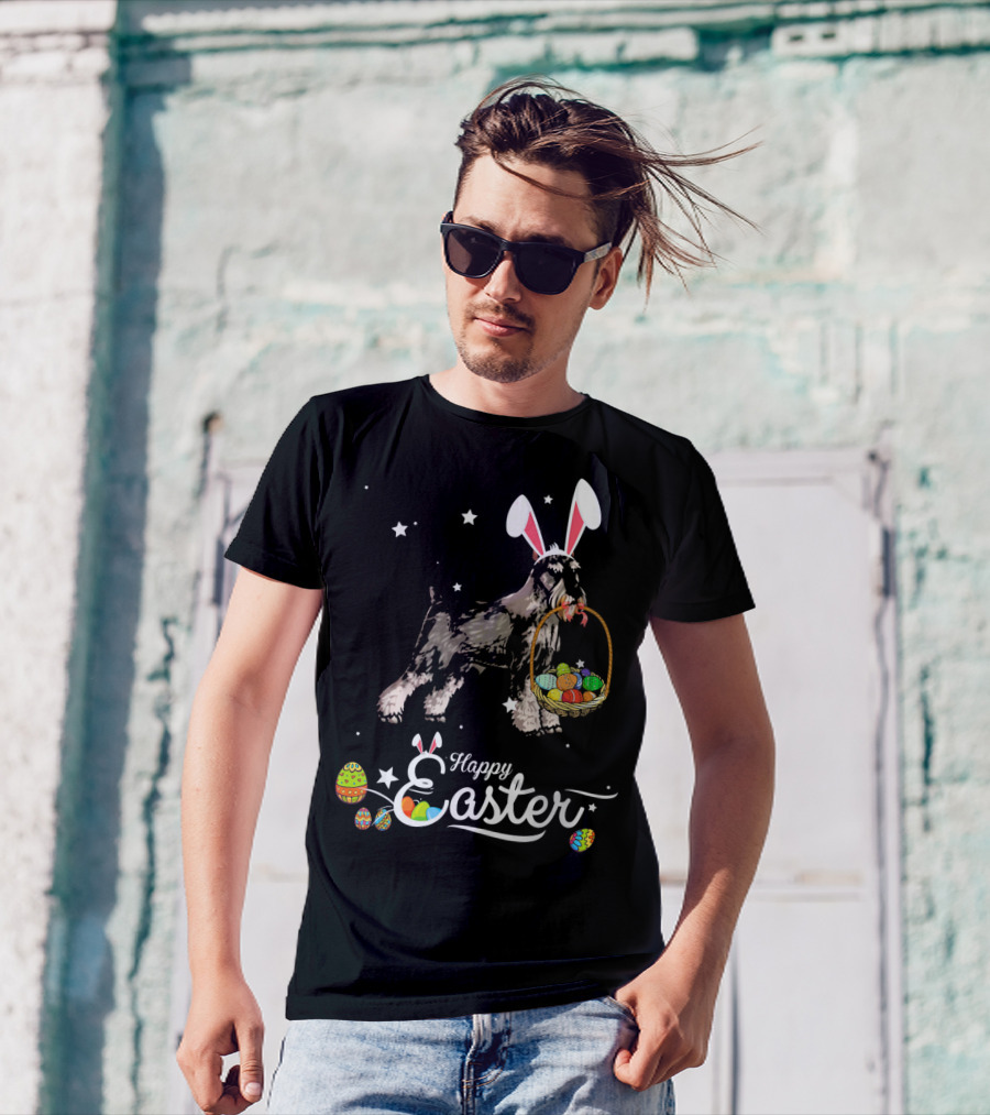 Happy Easter Standard Schnauzer Dog With Bunny Hat Eggs Basket T-Shirt