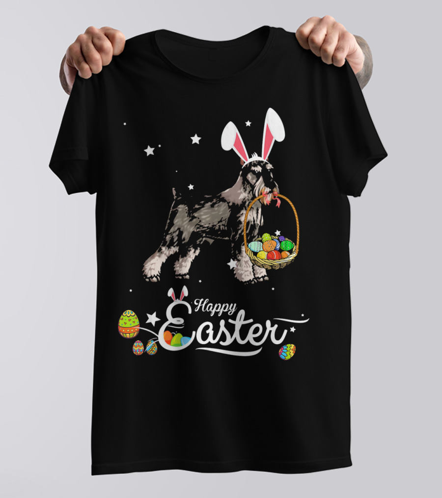 Happy Easter Standard Schnauzer Dog With Bunny Hat Eggs Basket T-Shirt