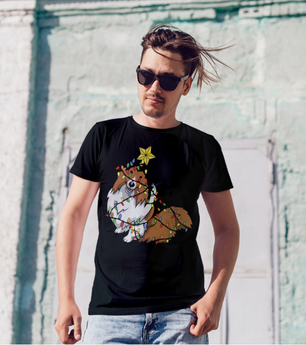 Xmas Tree Shetland Sheepdog Wrapped In Holiday Lights T-Shirt