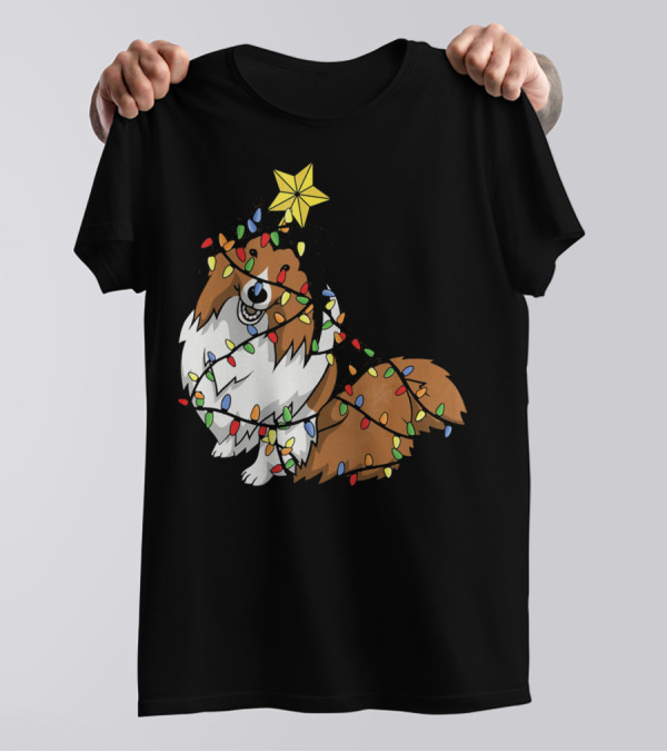 Xmas Tree Shetland Sheepdog Wrapped In Holiday Lights T-Shirt