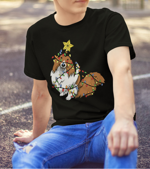 Xmas Tree Shetland Sheepdog Wrapped In Holiday Lights T-Shirt