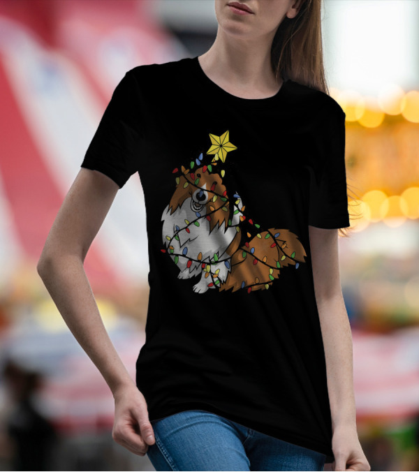 Xmas Tree Shetland Sheepdog Wrapped In Holiday Lights T-Shirt