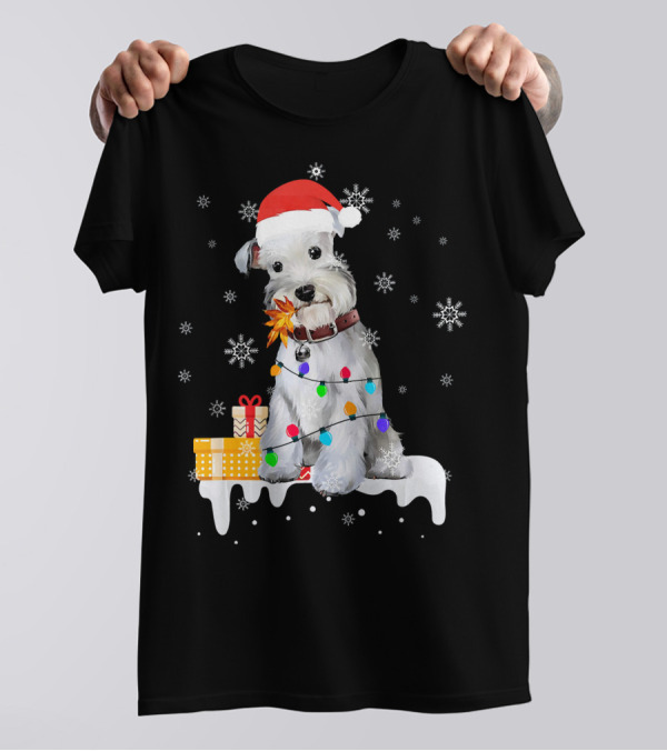 Santa Schnauzer Christmas Lights Presents Snowflakes T-Shirt