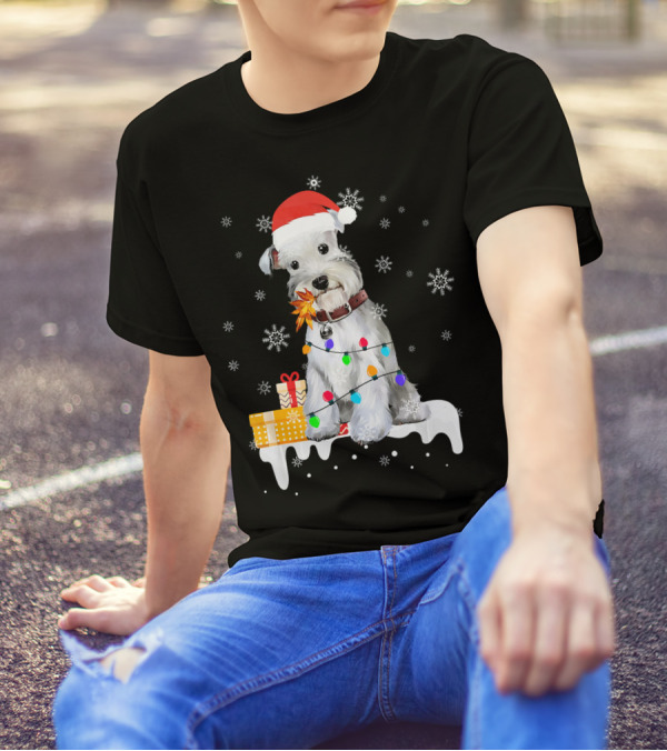 Santa Schnauzer Christmas Lights Presents Snowflakes T-Shirt