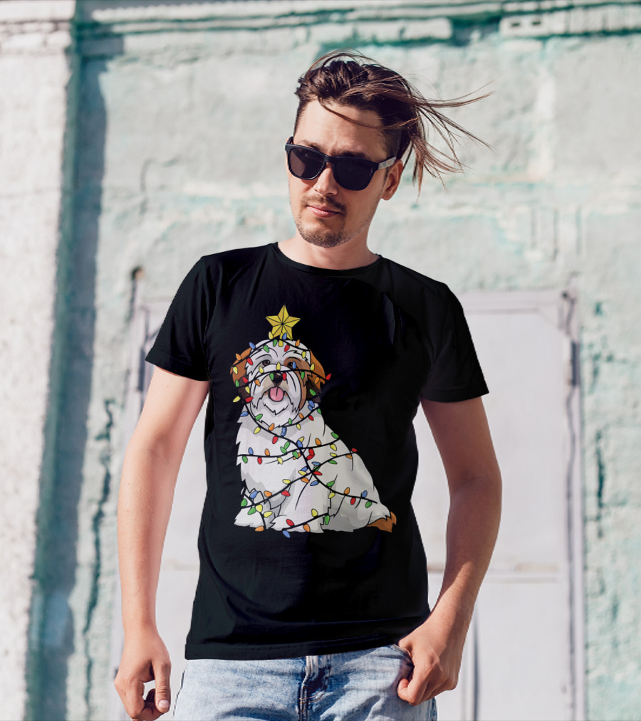Xmas Tree Lhasa Apso Dog Lover Wrapped In Christmas Lights T-Shirt
