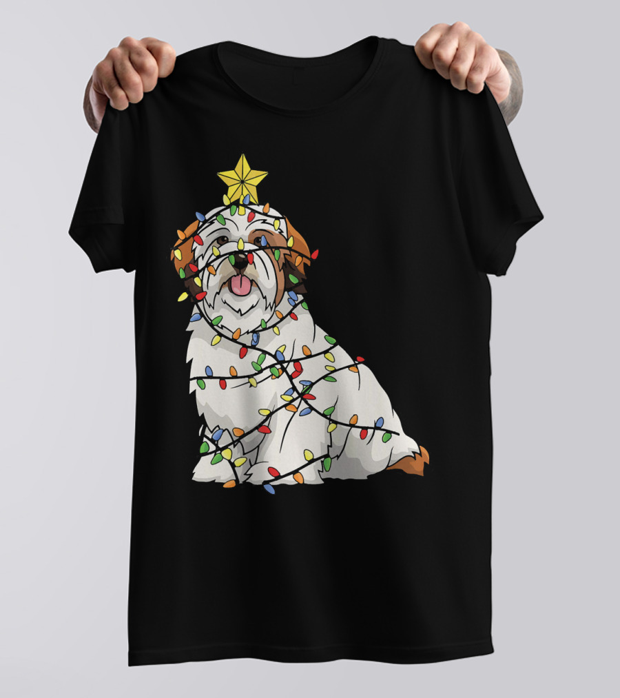 Xmas Tree Lhasa Apso Dog Lover Wrapped In Christmas Lights T-Shirt