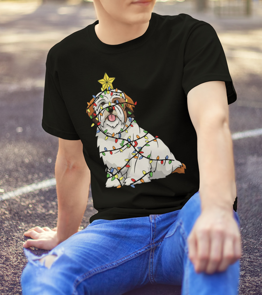 Xmas Tree Lhasa Apso Dog Lover Wrapped In Christmas Lights T-Shirt