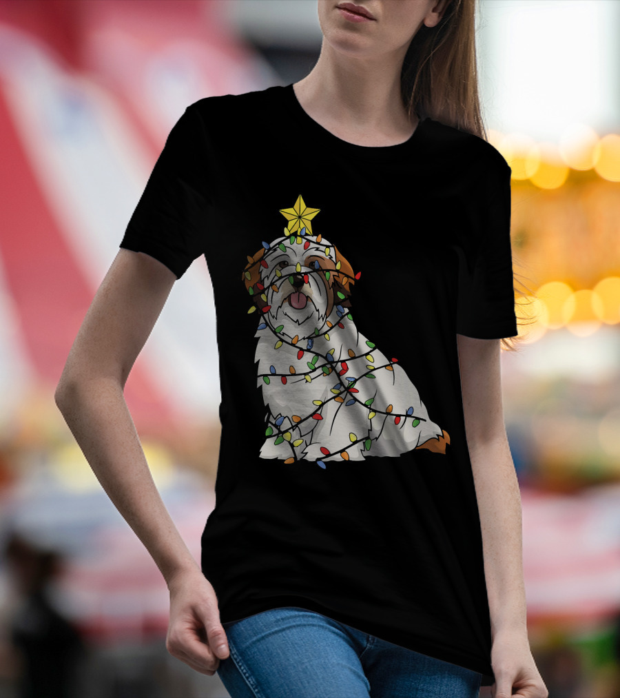 Xmas Tree Lhasa Apso Dog Lover Wrapped In Christmas Lights T-Shirt