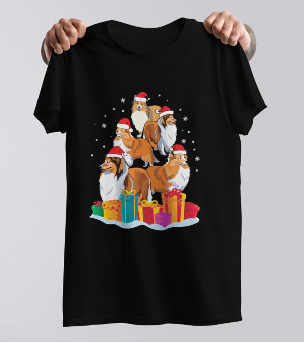 Five Shelties With Noel Hats And Colorful Xmas Presents Snowflakes T-Shirt