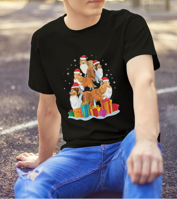 Five Shelties With Noel Hats And Colorful Xmas Presents Snowflakes T-Shirt