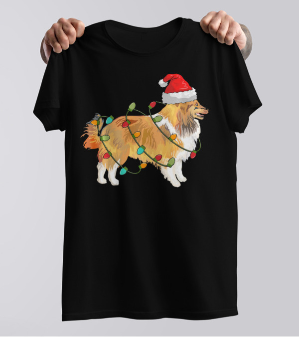 Sheltie Wearing Santa Hat Wrapped In Christmas Lights T-Shirt