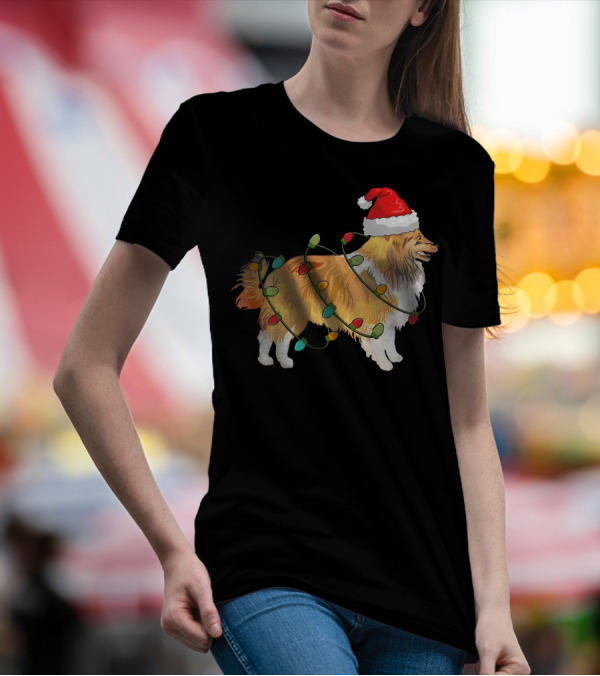 Sheltie Wearing Santa Hat Wrapped In Christmas Lights T-Shirt