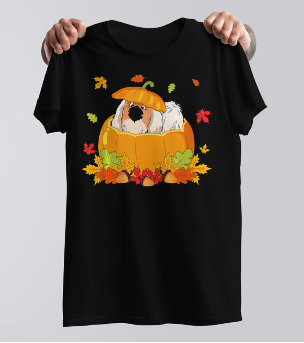 Thanksgiving Pekingese Inside Pumpkin With Autumn Leaves T-Shirt