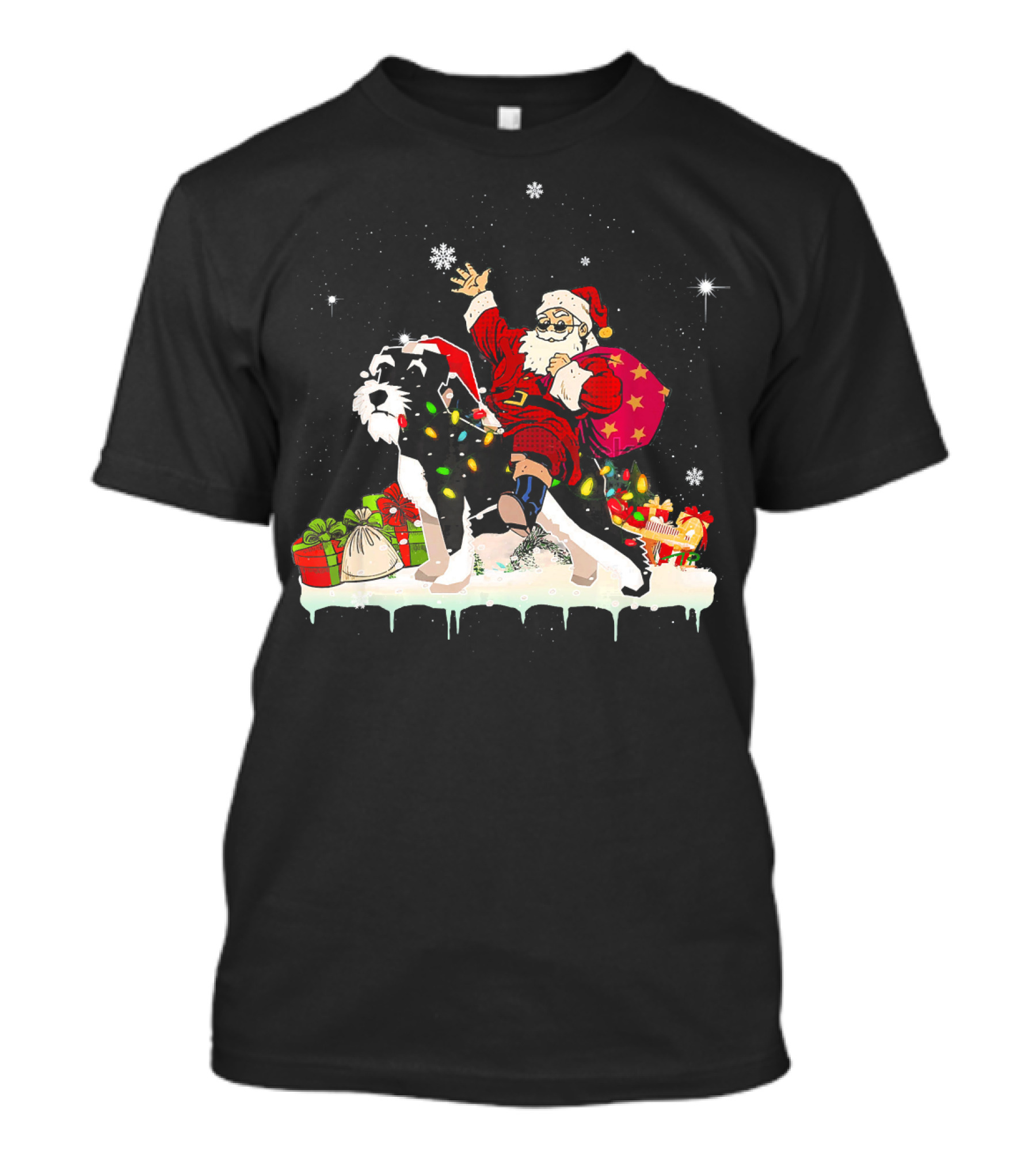 Santa Claus Riding Schnauzer With Christmas Gifts And Snowflakes T-Shirt