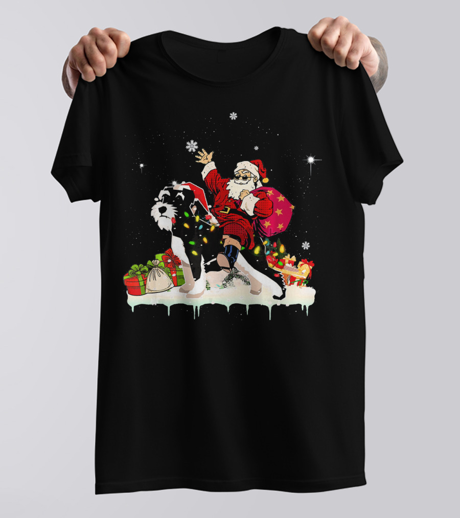 Santa Claus Riding Schnauzer With Christmas Gifts And Snowflakes T-Shirt