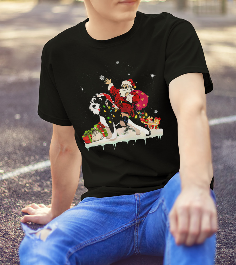 Santa Claus Riding Schnauzer With Christmas Gifts And Snowflakes T-Shirt