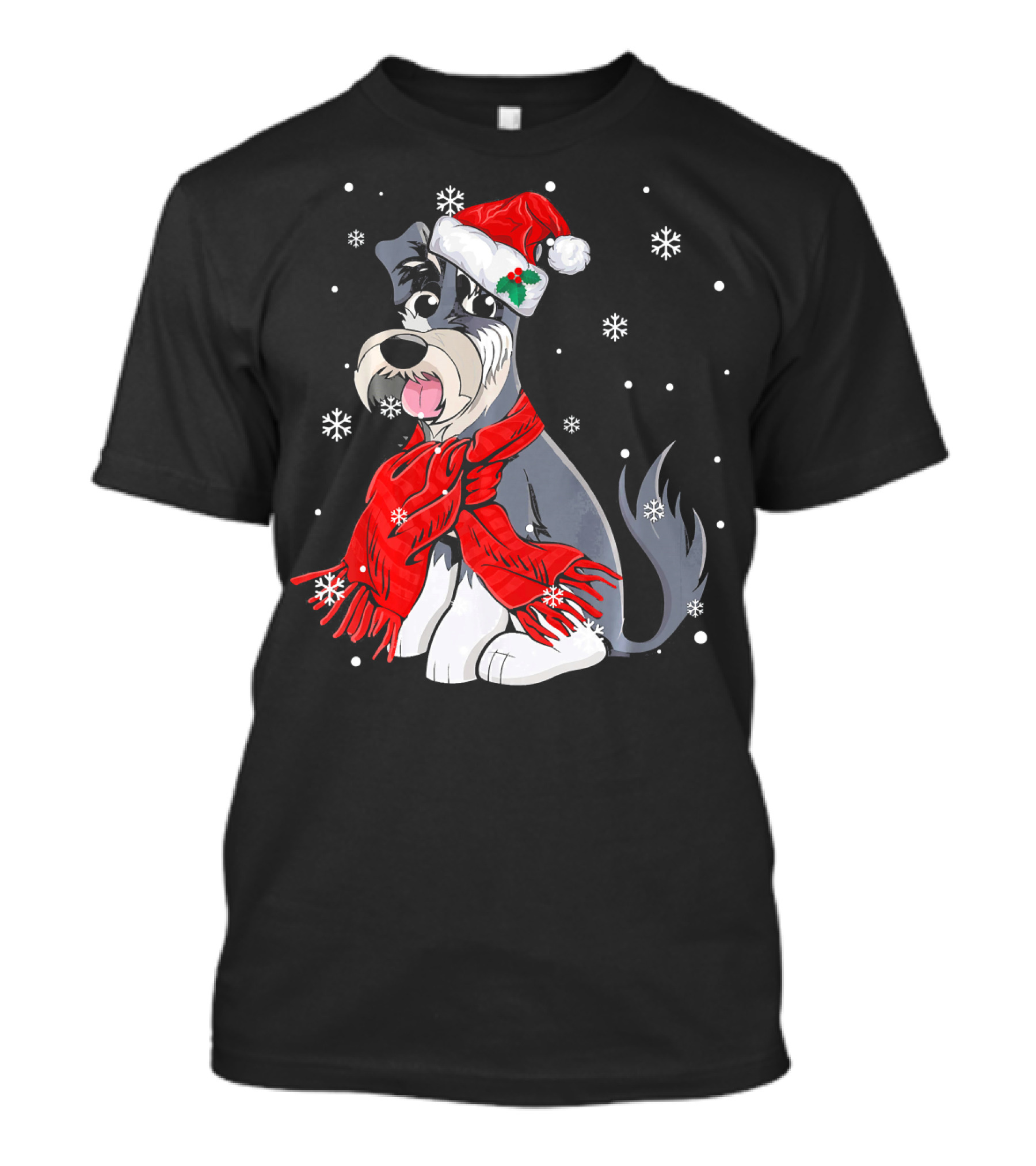Schnauzer Wearing Santa Hat And Red Scarf Surrounded By Snowflakes T-Shirt