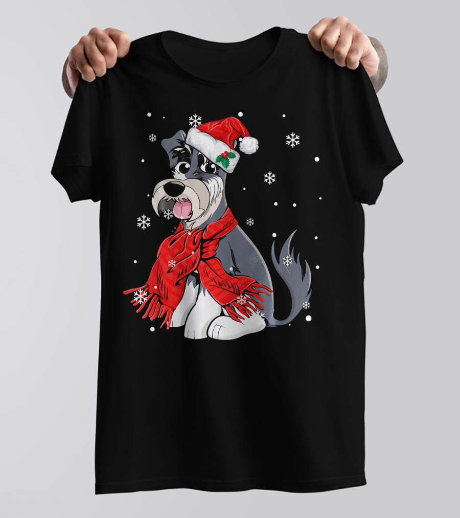 Schnauzer Wearing Santa Hat And Red Scarf Surrounded By Snowflakes T-Shirt
