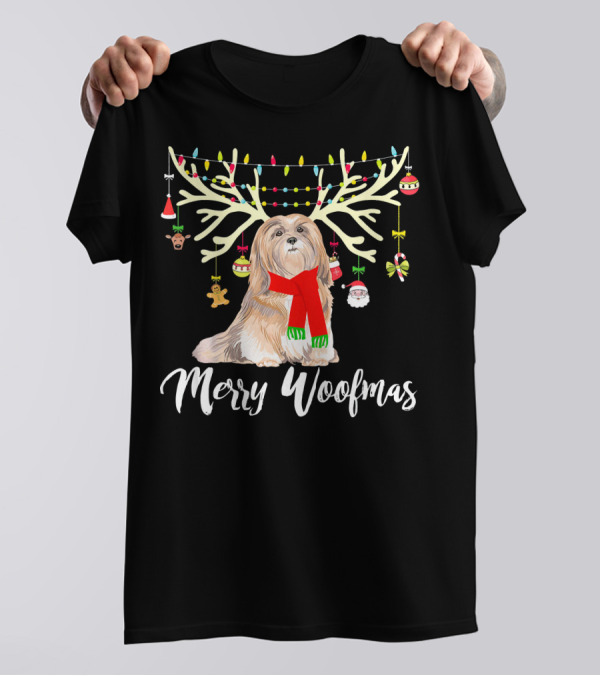 Merry Woofmas Lhasa Apso Reindeer Christmas Decorations T-Shirt