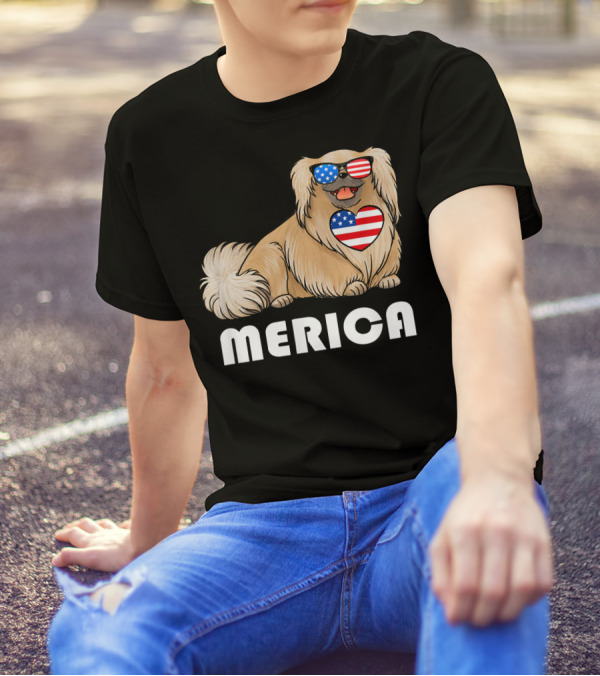 Pekingese American Flag Sunglasses Heart Merica 4th Of July T-Shirt
