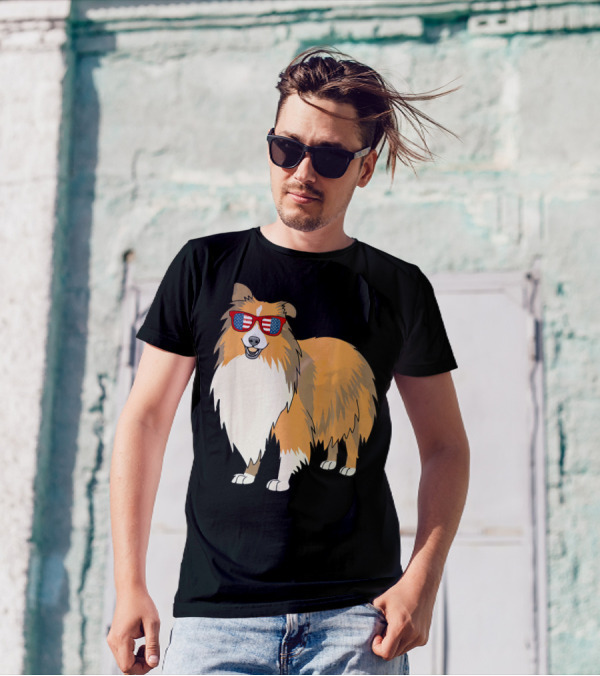 Patriotic Sheltie With American Flag Sunglasses T-Shirt