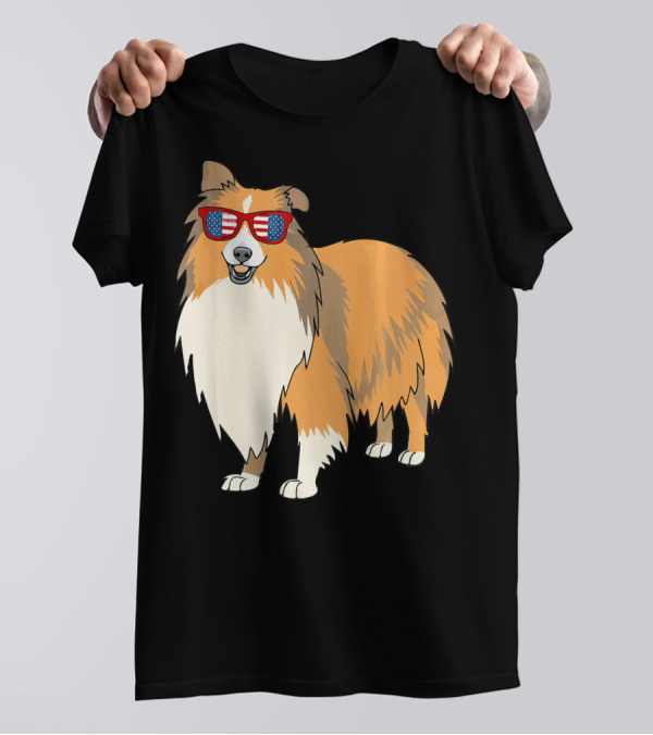 Patriotic Sheltie With American Flag Sunglasses T-Shirt