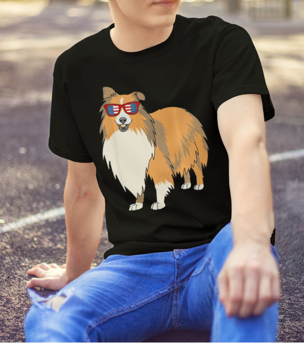 Patriotic Sheltie With American Flag Sunglasses T-Shirt