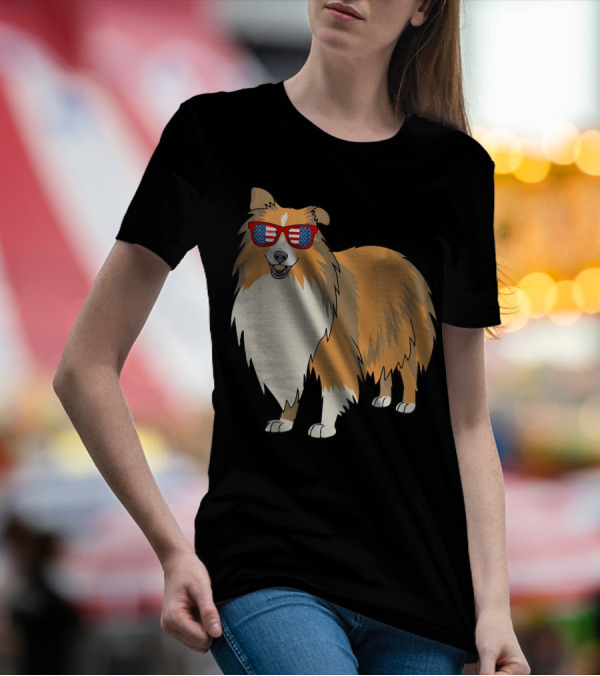 Patriotic Sheltie With American Flag Sunglasses T-Shirt