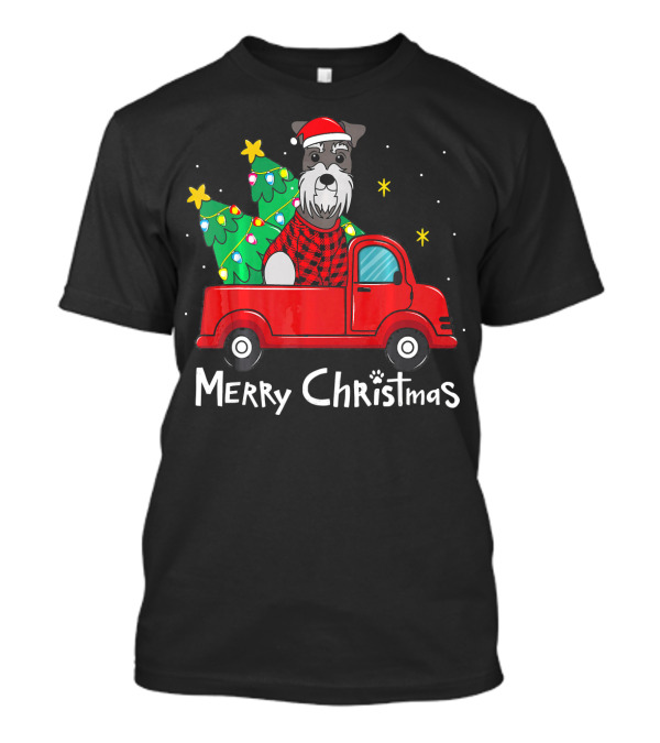 Merry Christmas Schnauzer In Santa Hat With Tree In Red Truck T-Shirt