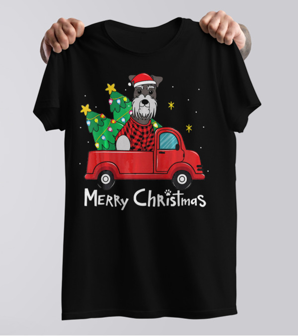 Merry Christmas Schnauzer In Santa Hat With Tree In Red Truck T-Shirt