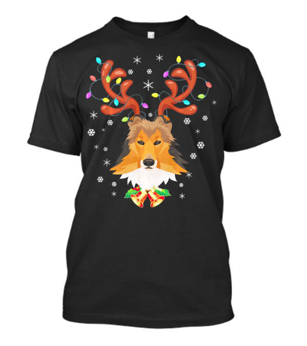 Xmas Funny Sheltie With Reindeer Horns And Holiday Lights Snowflakes T-Shirt