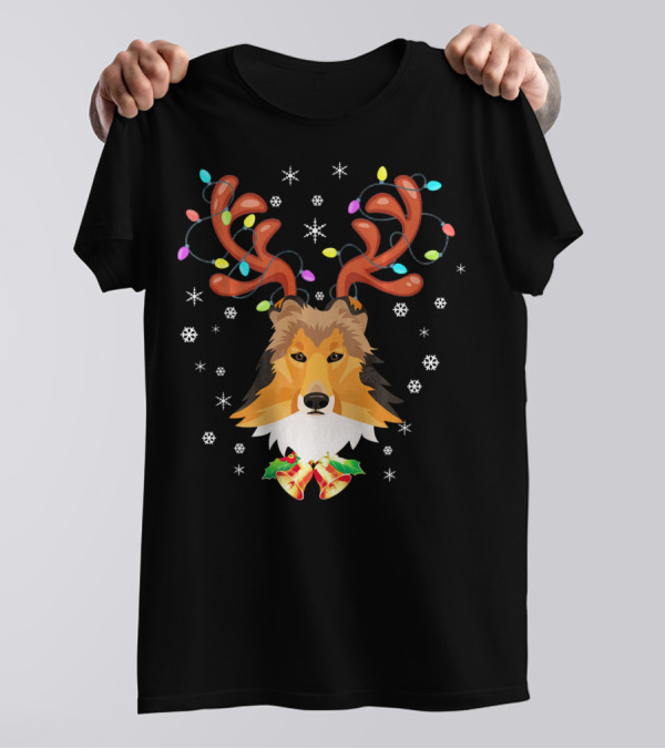 Xmas Funny Sheltie With Reindeer Horns And Holiday Lights Snowflakes T-Shirt