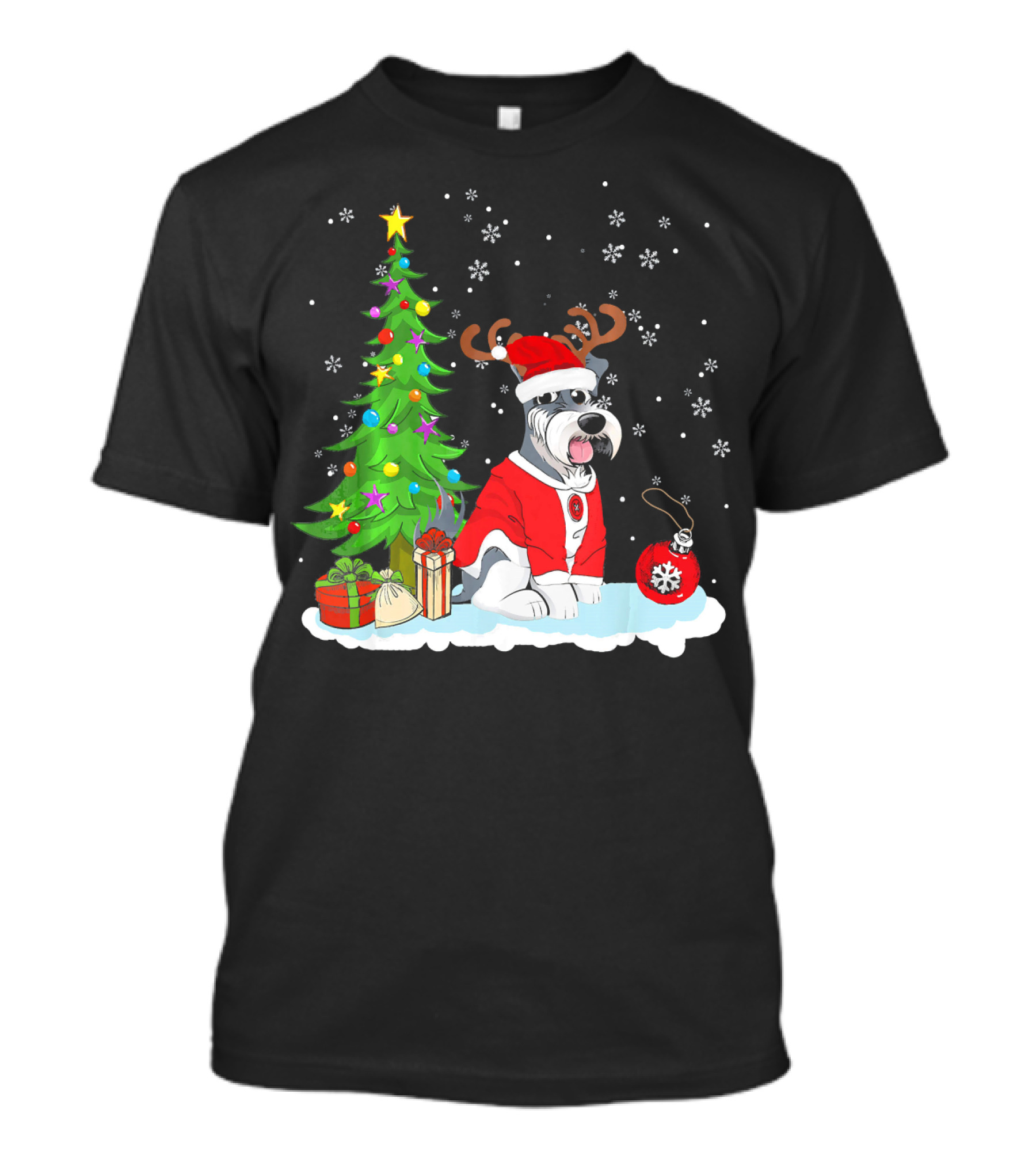 Schnauzer Dog Father Matching Fam Christmas Scene With Santa T-Shirt